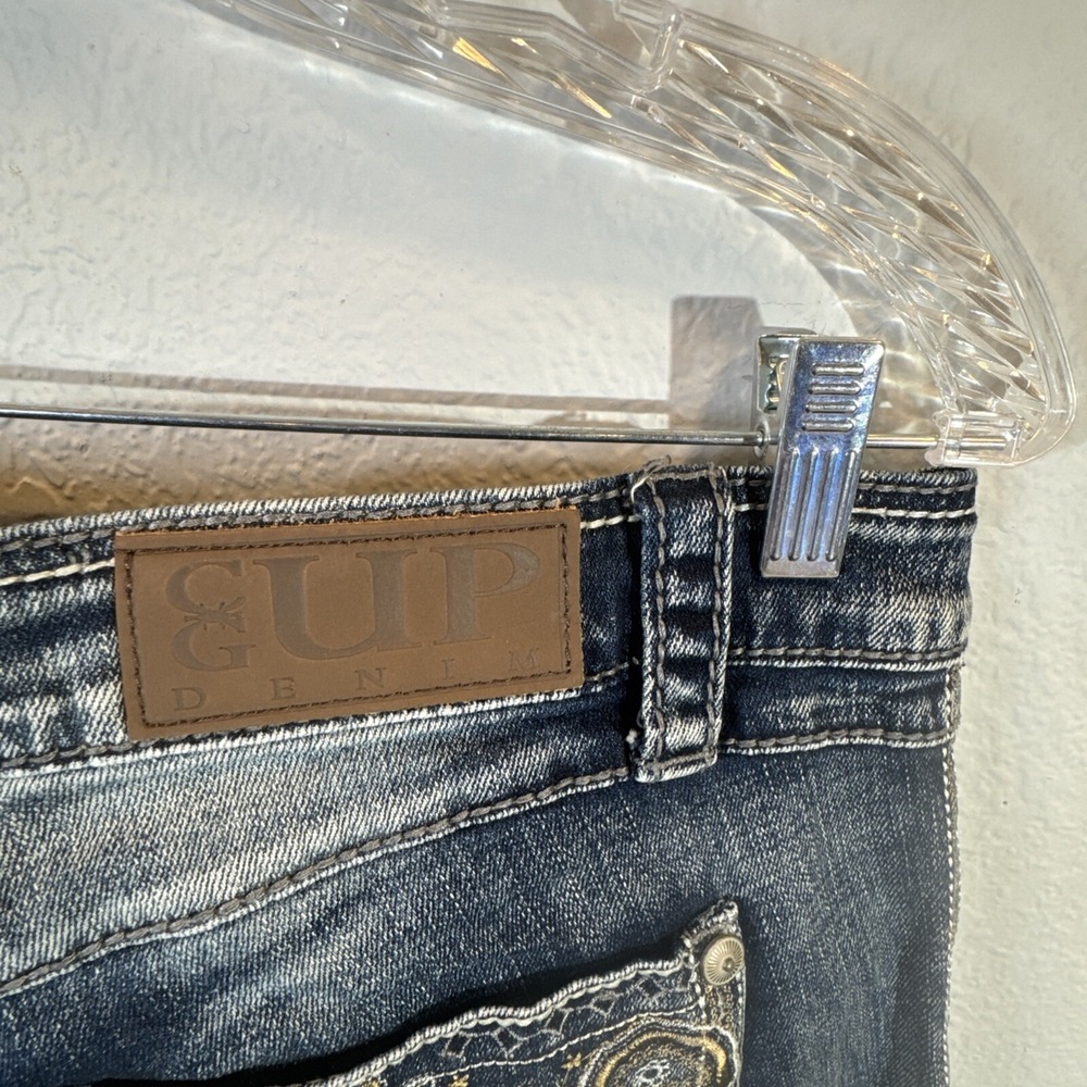 Cowgirl Up Bootcut Jeans Distressed Dark Wash Embroidered Sequins 30x34 - Picture 11 of 16
